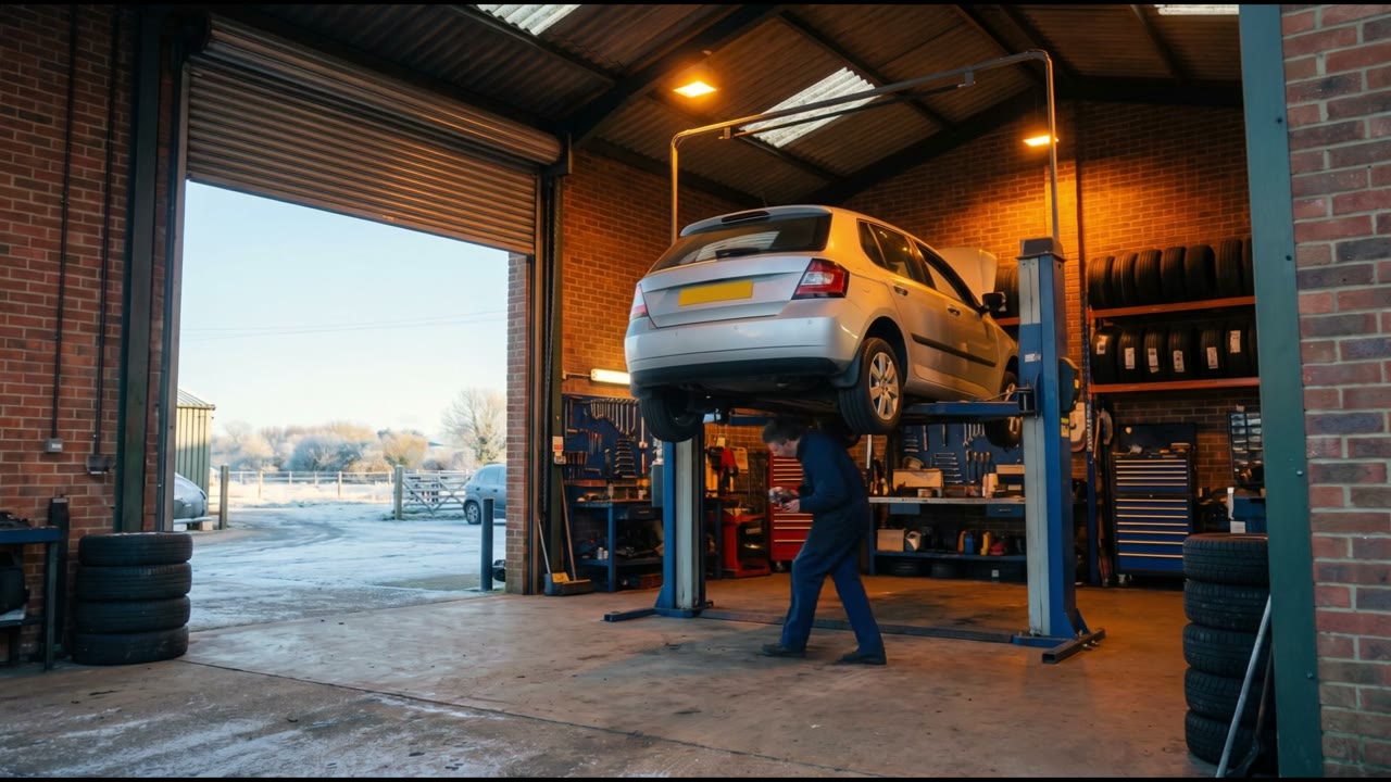 A car rising on a lift in a warm workshop on a frosty morning
