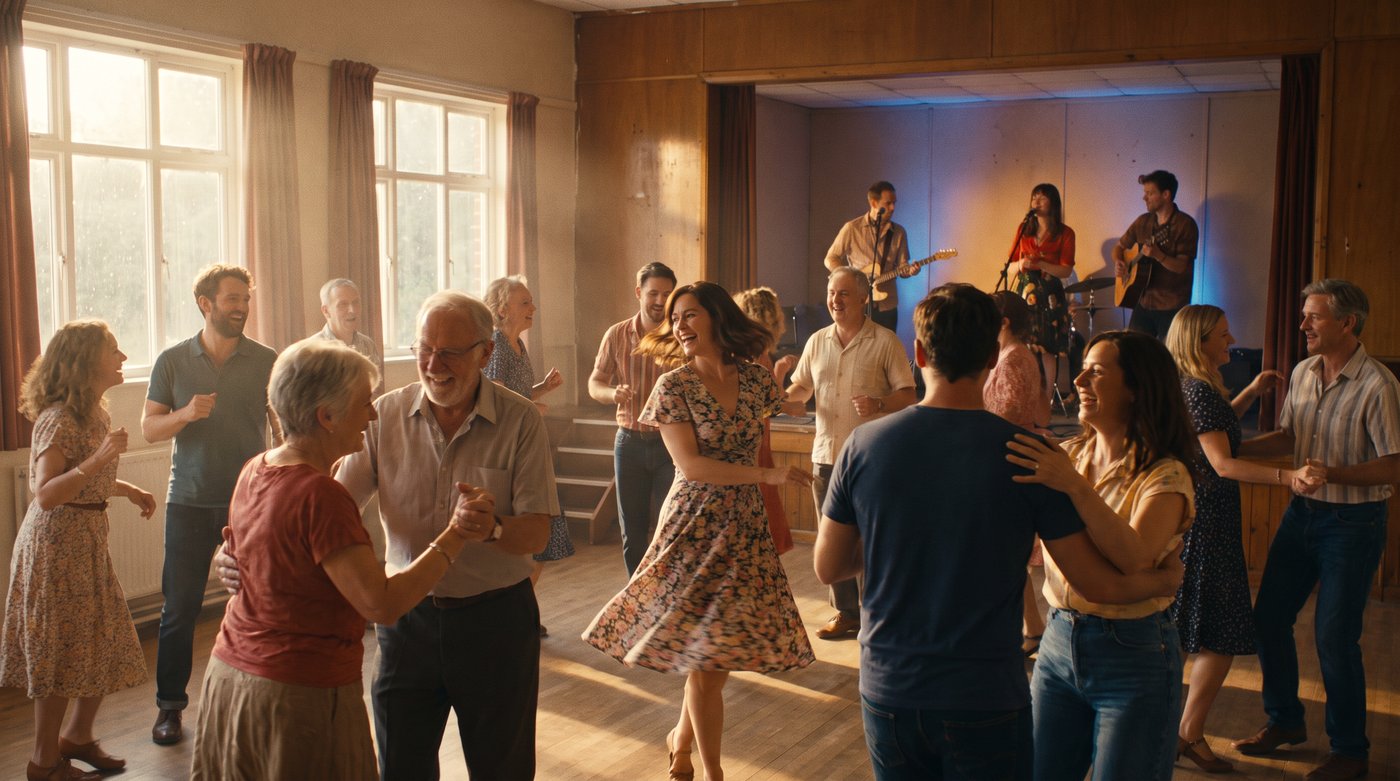 Couples dancing in front of the band