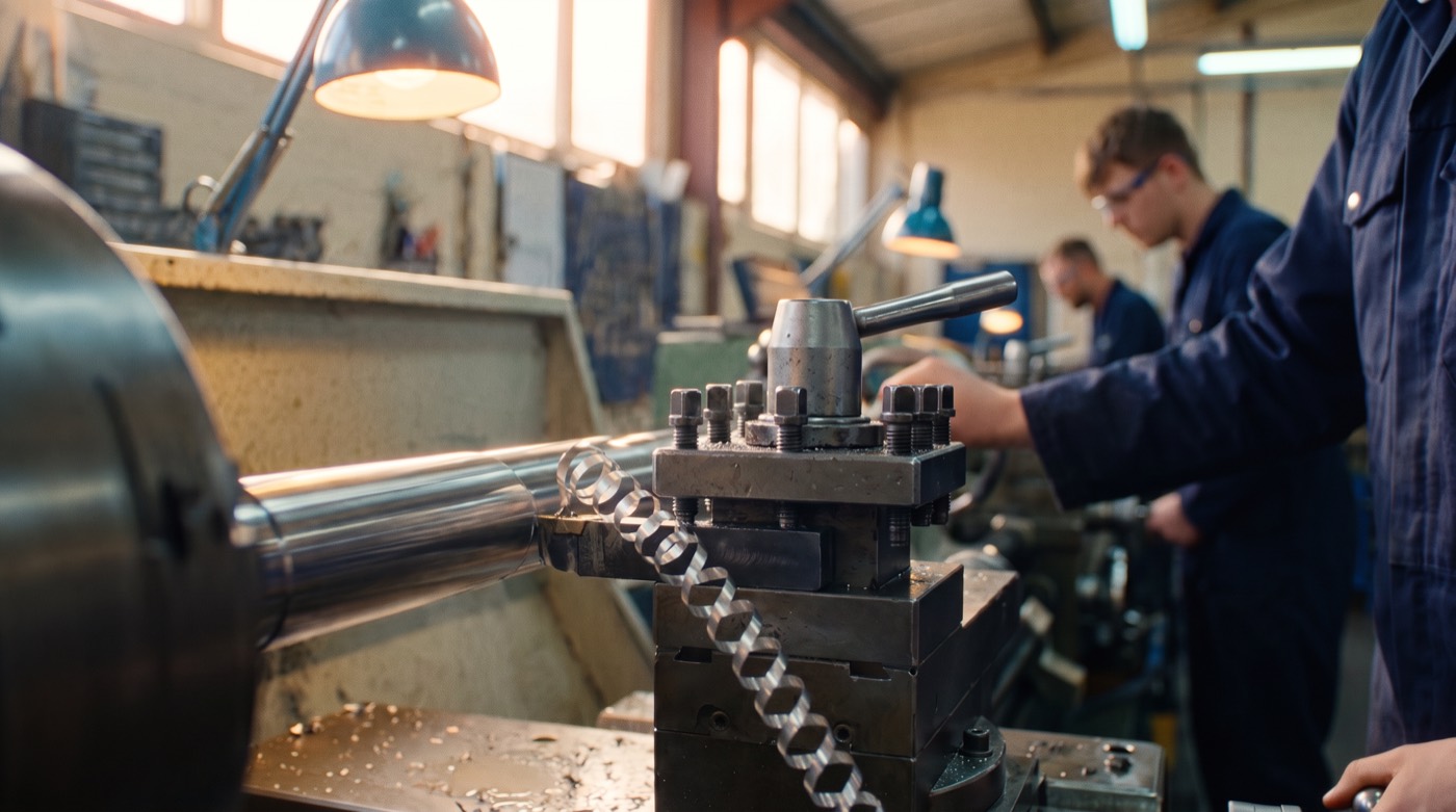 A lathe cutting a bright steel bar
