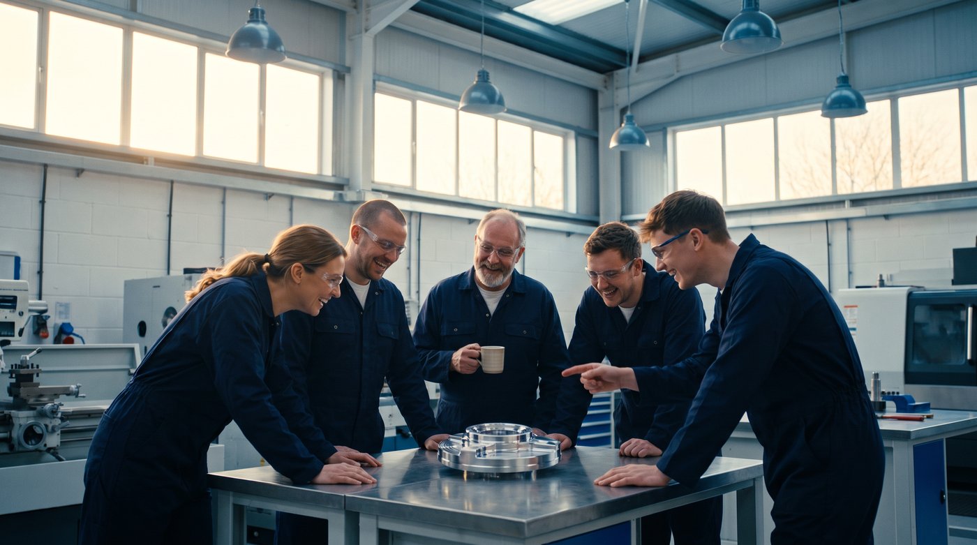 An engineering team sharing a laugh around a workbench