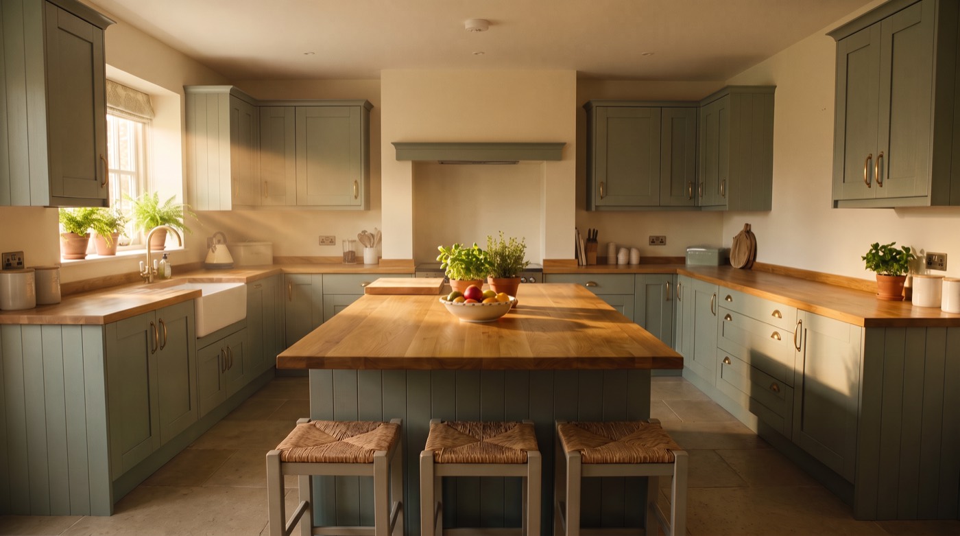 A finished sage green kitchen with an oak island