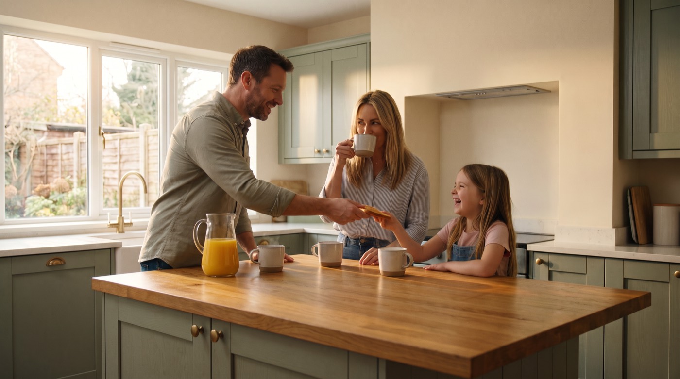 The first family breakfast in the new kitchen