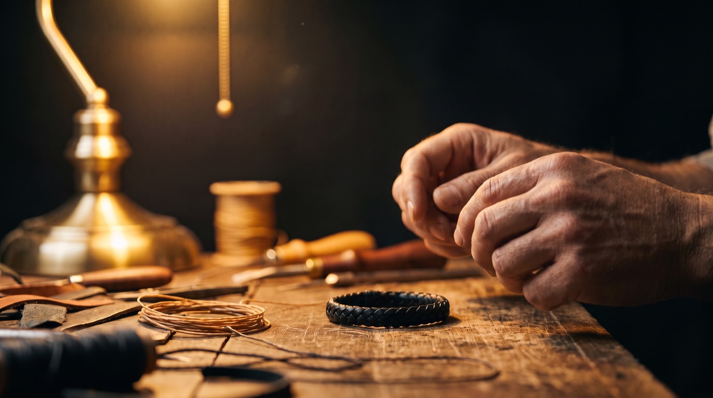 Hands finishing a handmade bracelet