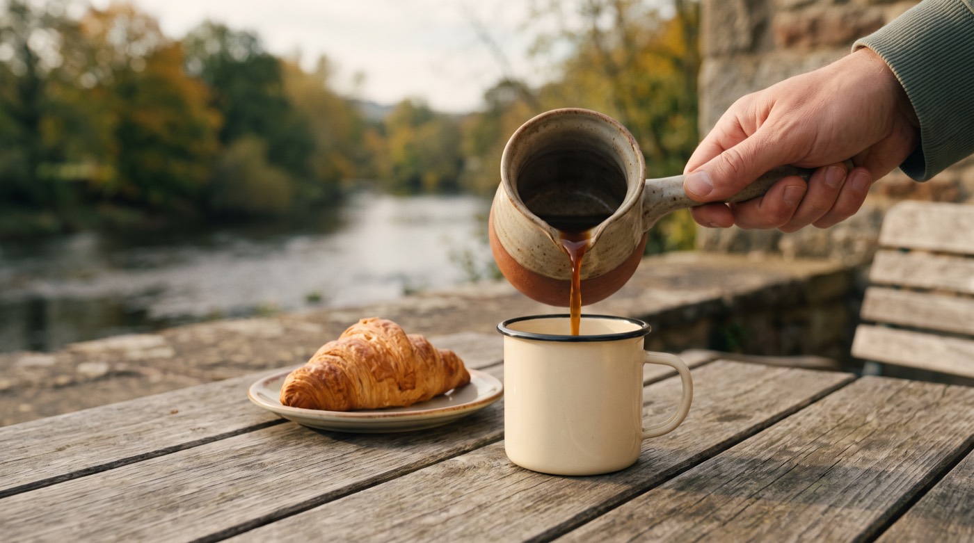 Coffee poured beside a croissant by the river