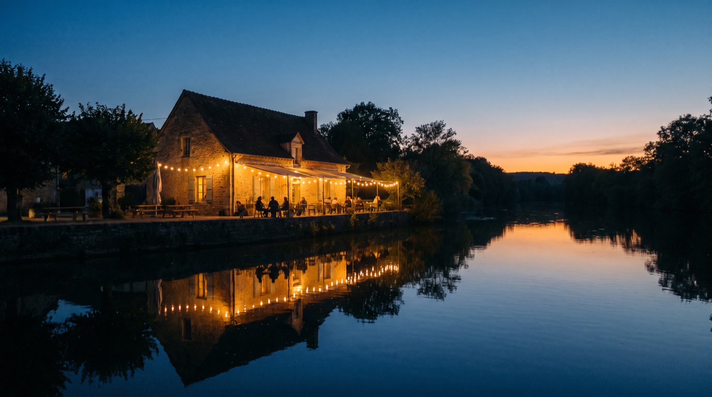The café glowing at dusk across the water